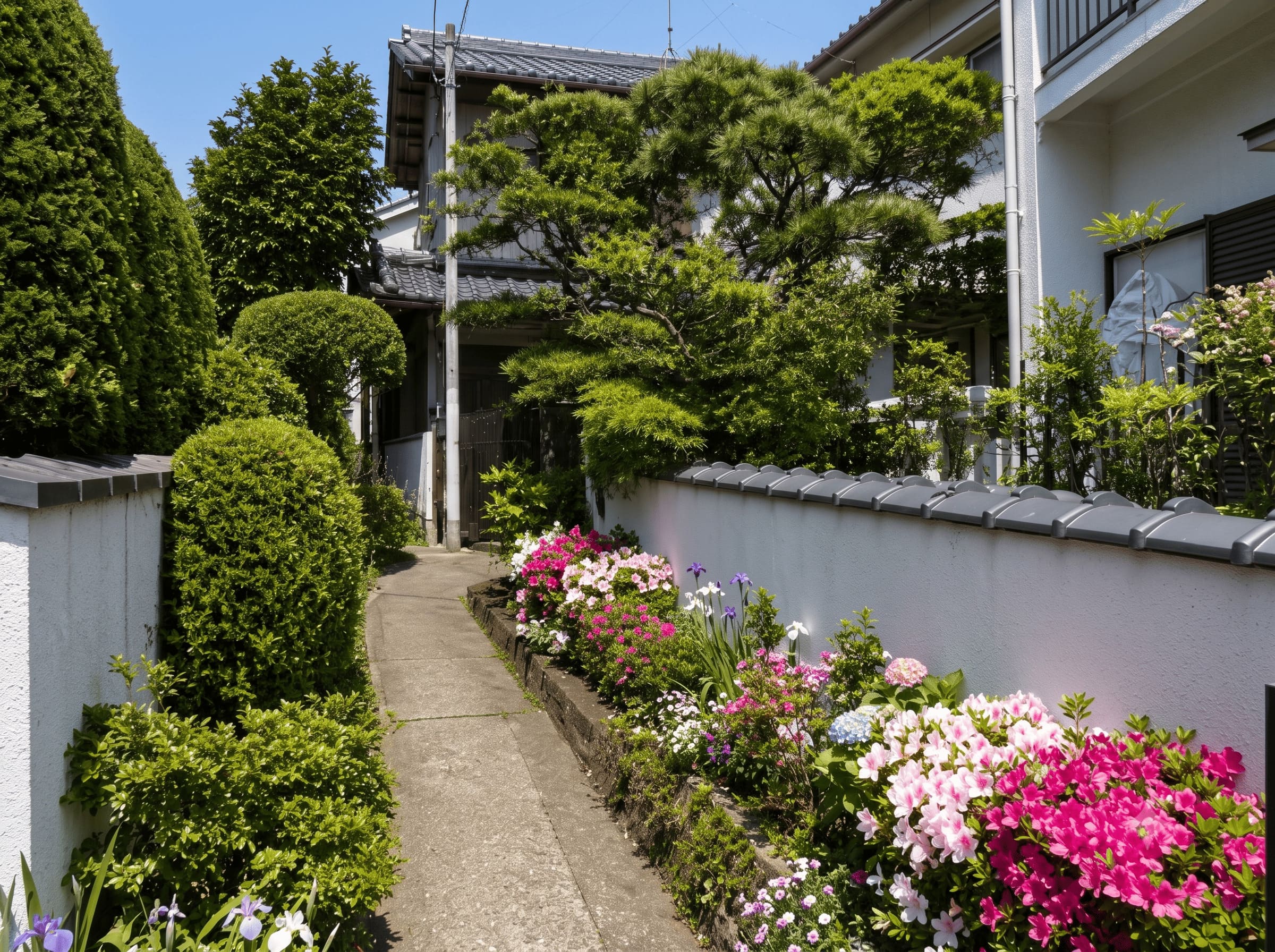 花に囲まれたアプローチとグループホームの外観