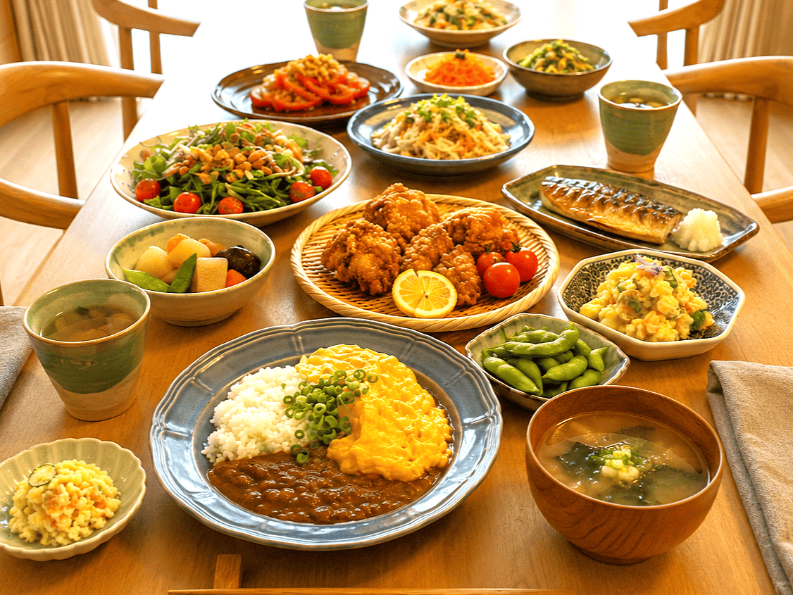 家庭的な品数の多い夕食の食卓